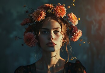 Moody portrait: woman facing forward, flower-adorned head, vibrant colors