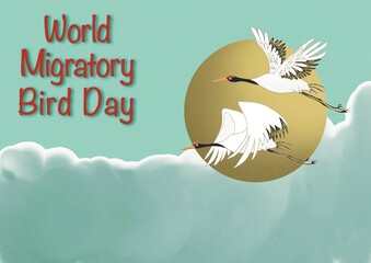 World Migratory Bird Day with a pair of cranes flying over the sun and clouds