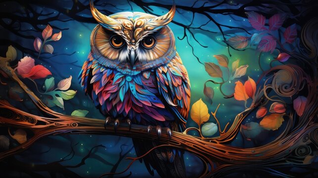 a photo whimsical illustration of a wise old owl perched on a mystical tree branch, AI Generative