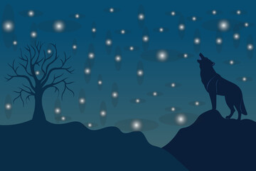 Fototapeta premium Vector illustration of nighttime wolf with stars.