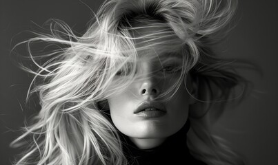 Blurry motion black and white photography of a blonde woman with hair covering her face