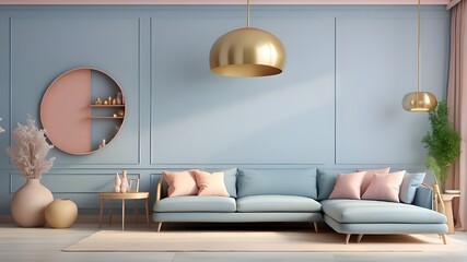 A 3drendering of the interior design of a living room including a blue sofa, beautiful paintings on the wall, a golden lamp stand, and hardwood floors