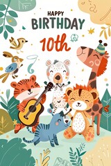 A heartwarming 10th birthday card showcasing a delightful animal band, perfect for a child's milestone celebration.