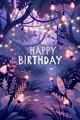 Fototapeta premium Celebrate with this mystical night-themed birthday card, featuring a magical forest lit by whimsical lanterns.