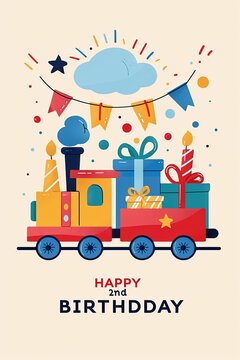 All aboard for fun with this playful 2nd birthday card, featuring a colorful toy train, perfect for toddlers and young children.