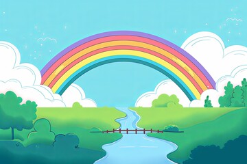 A vibrant rainbow stretches across a serene countryside scene with a river flowing under a bridge, invoking a sense of peace.