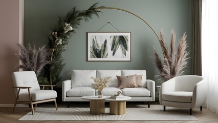 living room interior mock up, modern furniture and decorative, white sofa and armchair, 3d render