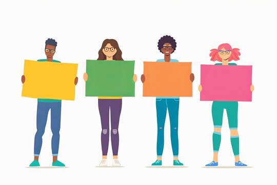 Four people of diverse backgrounds present blank banners for messages, ideal for customizable ads or campaigns.