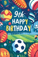 A dynamic 9th birthday card featuring an array of sports, perfect for young athletes and sports fans.