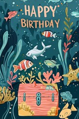 A vibrant underwater scene with tropical fish for a birthday celebration, ideal for themed greetings.