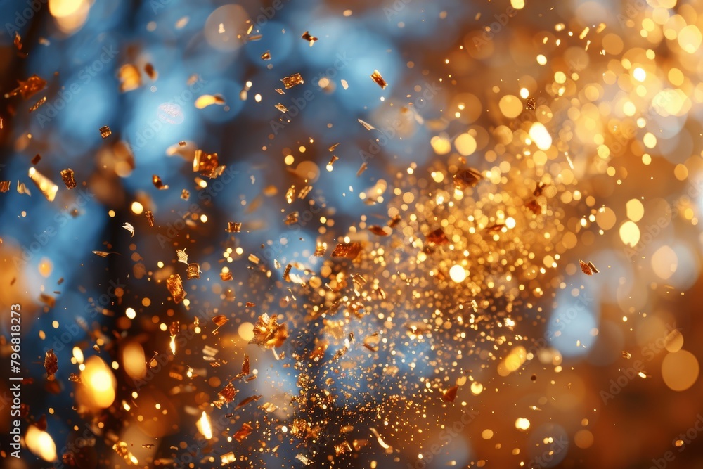 Poster a stunning display of effervescent golden particles floating on a serene blue background, creating a