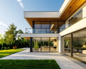 Modern house with glass doors, sliding doors and a wooden ceiling on the terrace of a modern home with a large window. Modern architecture in a garden with a lawn, a stock photo contest winner of mini - obrazy, fototapety, plakaty