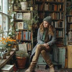 Woman sitting in cozy bookshop corner - 796818415