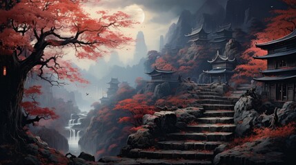 Obraz premium a portrait autumnal scene of an asian hillside with stairs and buildings, in the style of dark turquoise and light crimson, northern and southern dynasties, AI Generative
