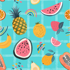 Seamless pattern with tropical fruits. Hand drawn illustrations of banana, watermelon, strawberry, papaya, orange and others. Summer vector background.