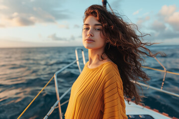 Yachting on vacations. Beautiful young woman on a sailboat looking with her hair blowing in the wind.