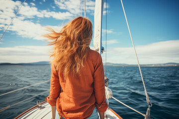 Concept of freedom. Red-haired young woman seen from behind on a sailboat looking out to sea with her hair blowing in the wind.