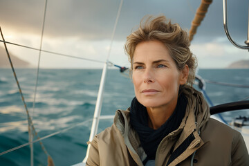 Senior Caucasian woman in her 50s enjoying sailing on a sailboat in a stormy day with the sea in the background.