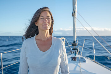 Mature Caucasian woman in her 50s enjoying sailing on a sailboat with the sea in the background.