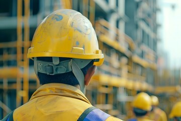 Safety gear like helmets is crucial for construction workers protection onsite. Concept Construction Safety, Protective Equipment, Workplace Gear, Onsite Protection, Helmet Importance
