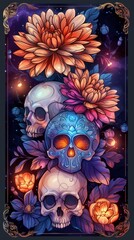A painting of a skull and flowers with some leaves, AI