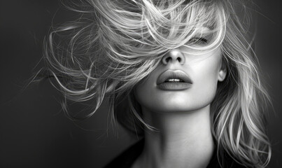 Blurry motion black and white photography of a blonde woman with hair covering her face