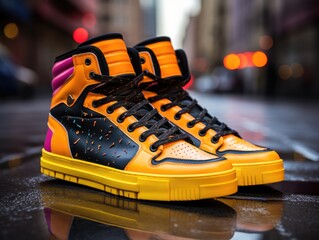 product shot of a pair of high-top sneakers, meticulously styled and photographed against a backdrop that reflects urban street culture, AI Generative