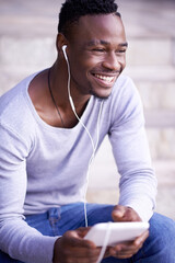 Black man, city and happy with music on tablet for browsing social media, streaming videos or reading ebook and relax. Person, digital tech and research internet for trending entertainment or audio. - obrazy, fototapety, plakaty