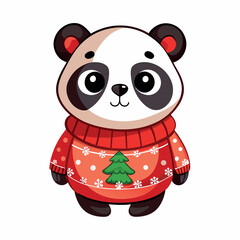 A cartoon panda wearing a red sweater and a Christmas tree on it. The panda is smiling and looking at the camera