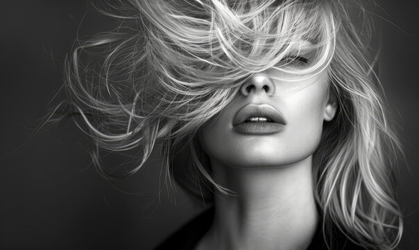 Fototapeta Blurry motion black and white photography of a blonde woman with hair covering her face