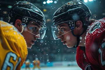 Two hockey players facing off at a game - 796820047