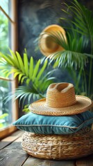 A straw hat on a pillow next to some green plants, AI