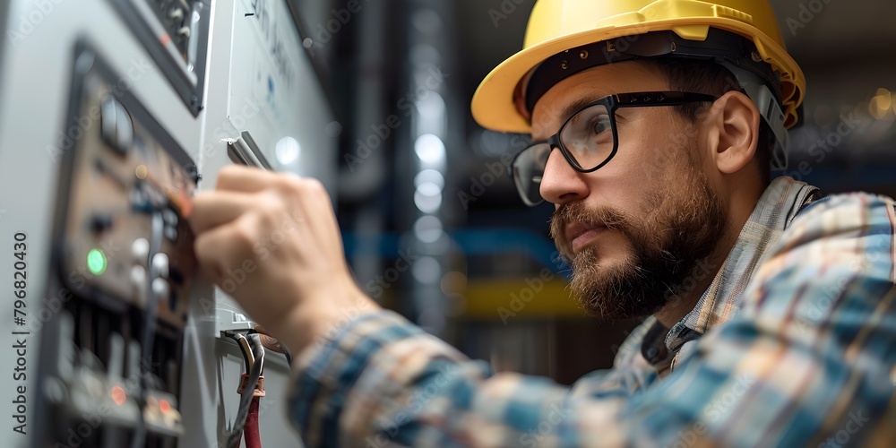 Poster maintenance technician professionally installing smart sensors for optimized energy efficiency in an