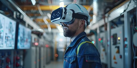 Maintenance Technician Using Virtual Reality to Visualize Electrical Systems in Industrial Facility
