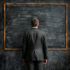 Businessman pondering in front of a chalkboard - 796820692