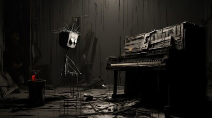 a image charcoal rough lines art, piano in an empty room, rust, broken lines, new wave jazz, melancholy in that sounds, AI Generative