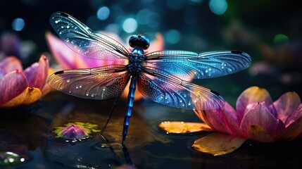 colorful dragonfly sitting on a waterlily, AI Generative