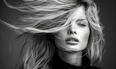 Blurry motion black and white photography of a blonde woman with hair covering her face