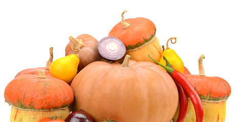 Composition of various pumpkins and other vegetables isolated on white - 796822217
