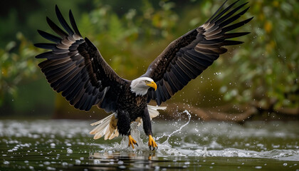 American bald eagle hunting in river