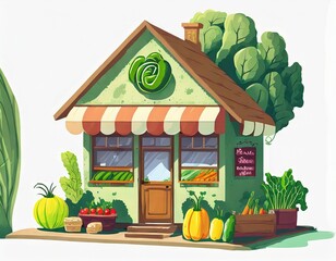 illustration of a small cute vegetable store building on a white background