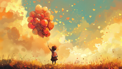 Baby holding bunch of balloons