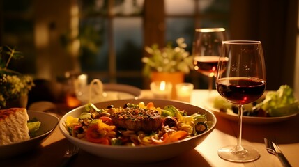 a table topped with plates of food and glasses of wine next to a bowl of salad and a glass of wine...