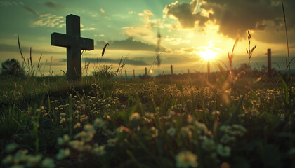 Cross on the meadow at sunset 