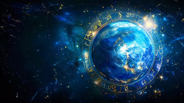 Planet Earth encircled by zodiac signs and astrology symbols