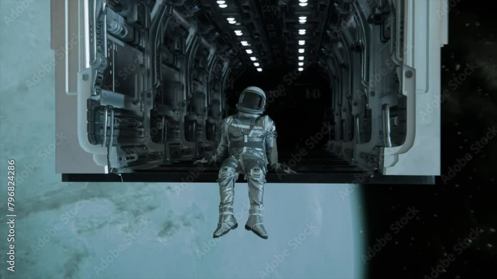 Poster 3d animated astronaut waving from a spacecraft with a view of a comet tail