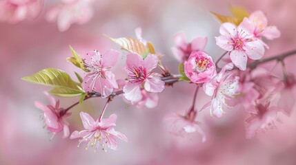 A close-up shot of a blooming cherry blossom branch, highlighting the delicate pink petals and the soft texture of the leaves