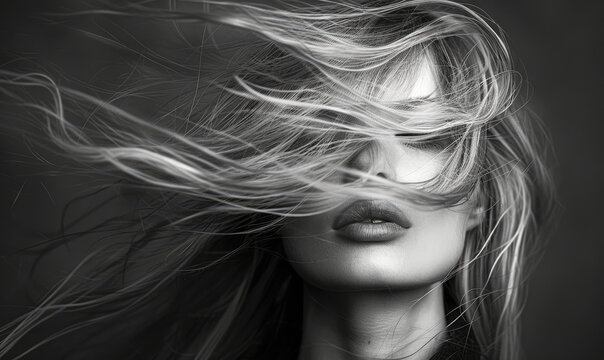Fototapeta Blurry motion black and white photography of a blonde woman with hair covering her face