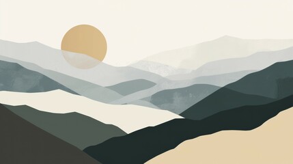 A set of creative abstract mountain landscape and mountain range backgrounds. Mid century modern vector illustrations with sea or lake, sky, sun and moon. Trendy contemporary design. - Powered by Adobe