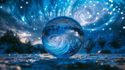 A close-up shot of a crystal ball reflecting a starry night sky, with the stars swirling and pulsating with energy.
